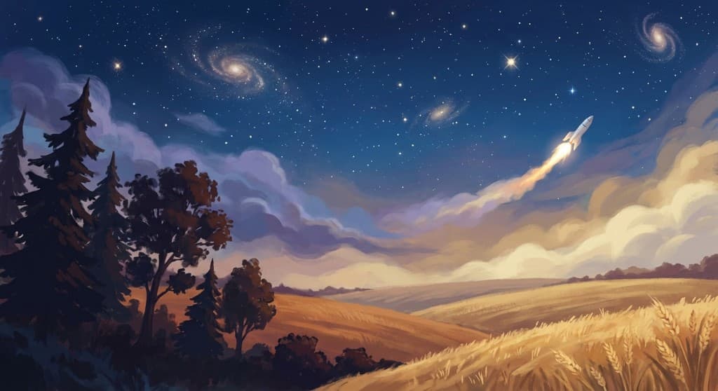 Illustration of a night sky with stars and a rocket launch